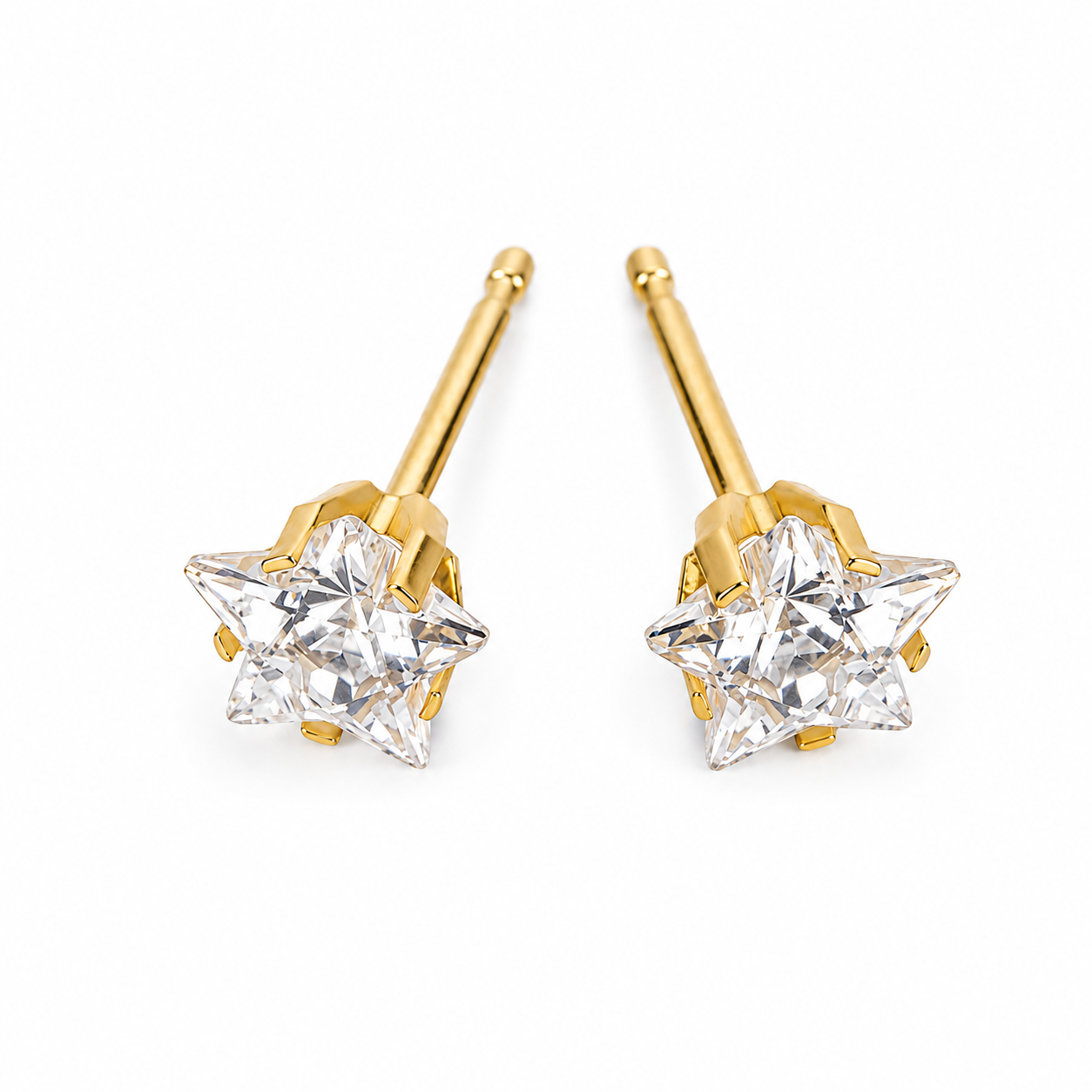 5mm star stud earrings shown close up in 24K pure gold, purepixxi for young ears