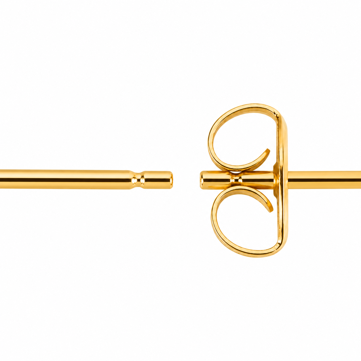 Close-up of a purepixxi earring post and butterfly back in 24K pure gold