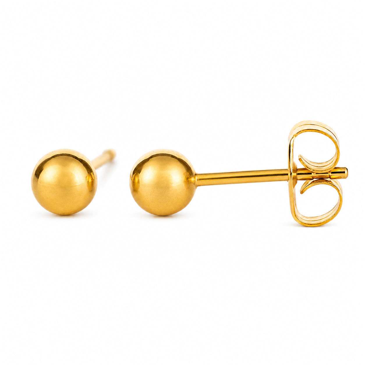 4mm polished ball stud earrings in 24K pure gold, made for children's sensitive ears, purepixxi