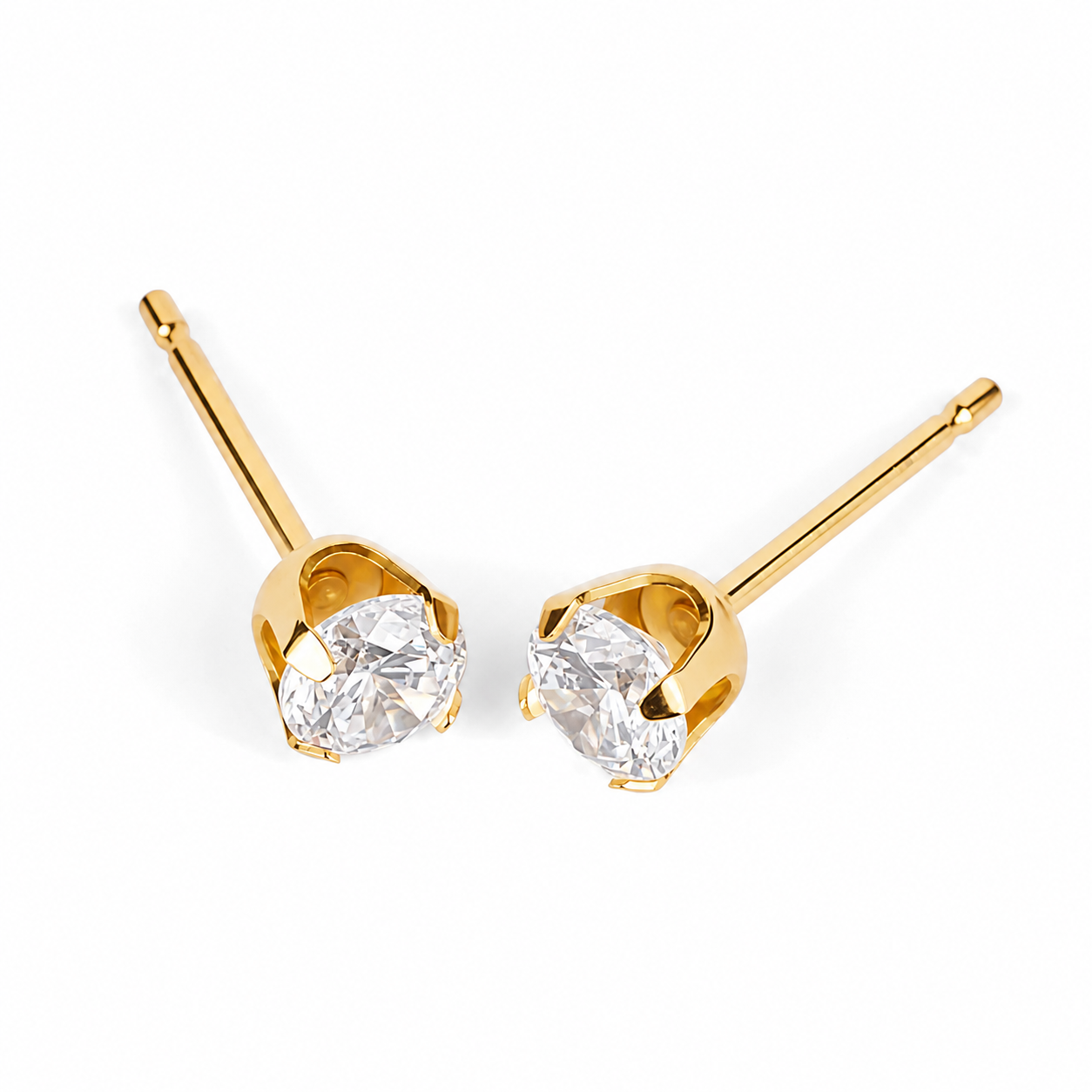 4mm Flawless Crystal stud earrings shown close up in 24K pure gold, purepixxi for young ears