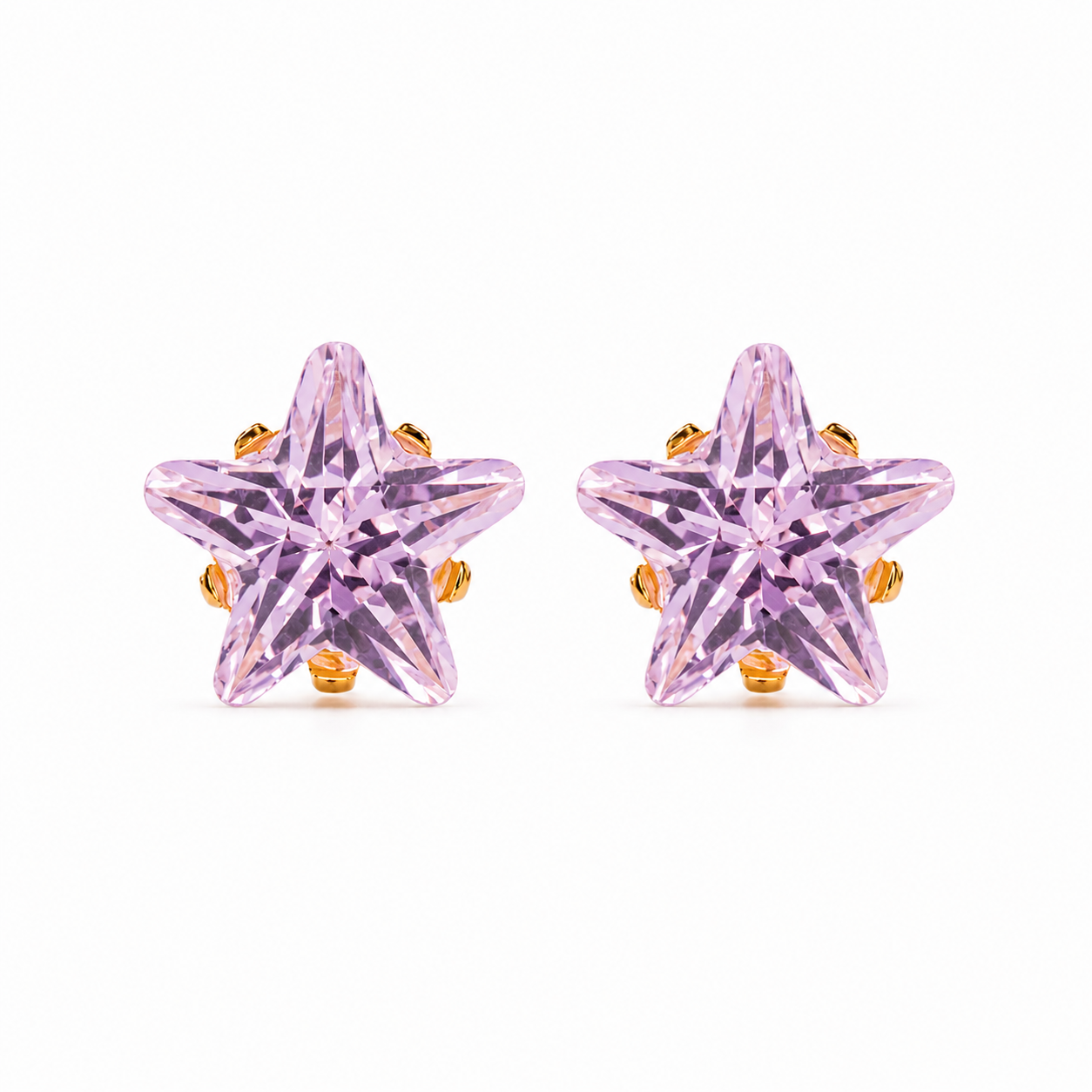 Pair of gold star studs with a pink Flawless Crystal center, 24K pure gold, purepixxi