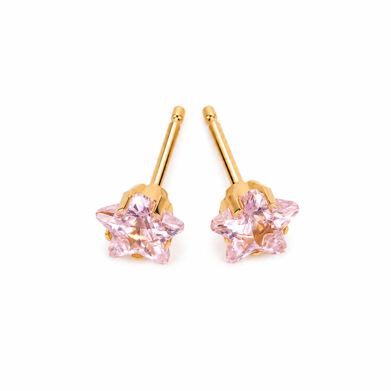 5mm pink star stud earrings shown close up in 24K pure gold, purepixxi for young ears