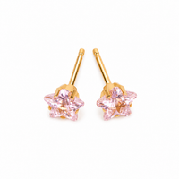5mm pink star stud earrings shown close up in 24K pure gold, purepixxi for young ears