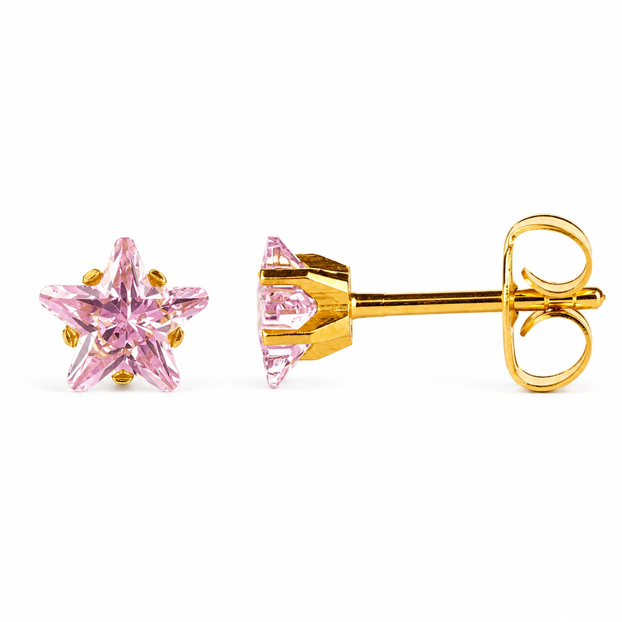 5mm pink Flawless Crystal star stud earrings in 24K pure gold, made for children's sensitive ears, purepixxi