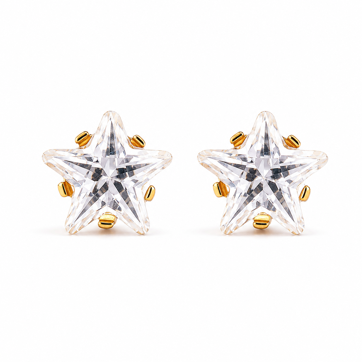 Pair of gold star studs with a clear Flawless Crystal center, 24K pure gold, purepixxi
