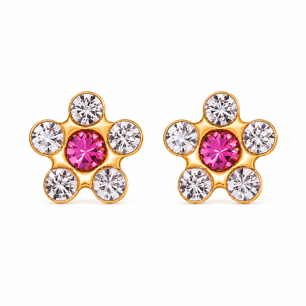 Pair of gold daisy studs with a Flawless Crystal center, 24K pure gold, purepixxi