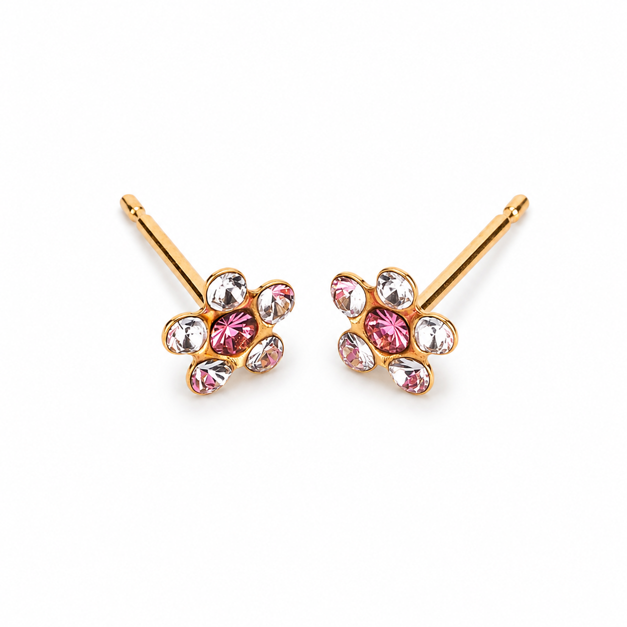 Daisy flower stud earrings shown close up in 24K pure gold, purepixxi for young ears