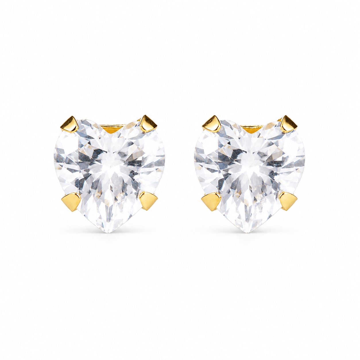 Pair of gold heart studs with a clear Flawless Crystal, 24K pure gold, purepixxi