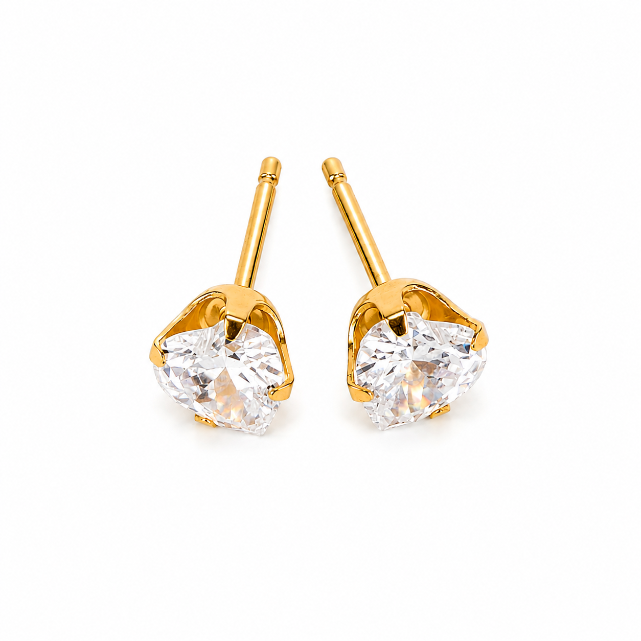 Heart stud earrings shown close up in 24K pure gold, purepixxi for young ears