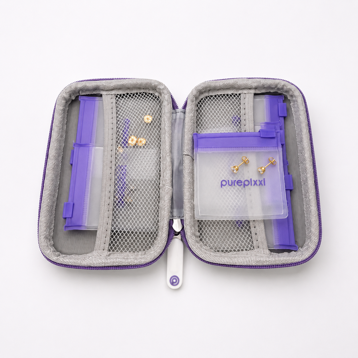 purepixxi Jewelry Case open, showing grey mesh compartments and pouches holding gold crystal stud earrings