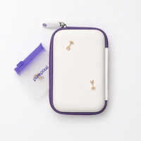 purepixxi Jewelry Case, closed white hard-shell with purple zip, shown with two gold crystal stud earrings and a storage pouch