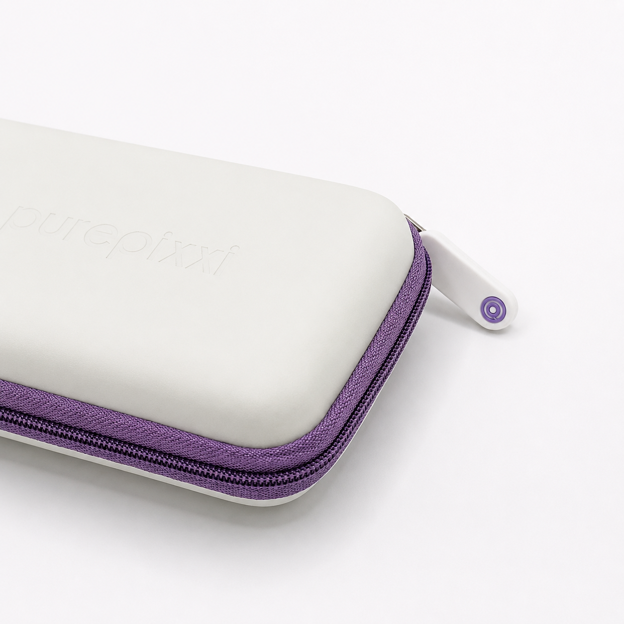 Close-up of the purepixxi Jewelry Case purple zip and embossed logo